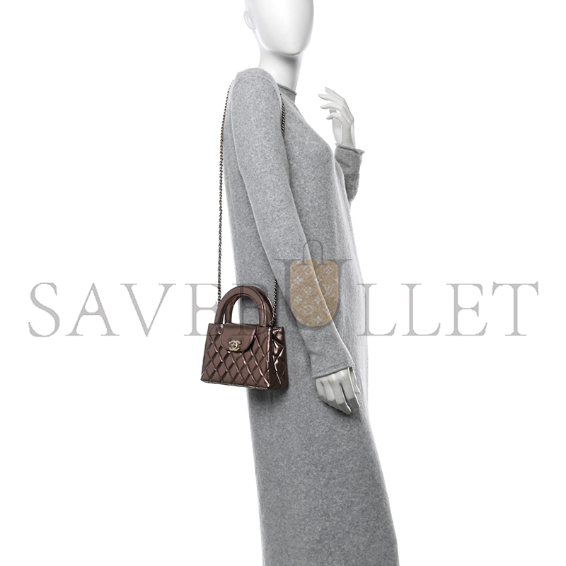Ch*el metallic aged calfskin quilted nano kelly shopper light brown (19*13*7cm)